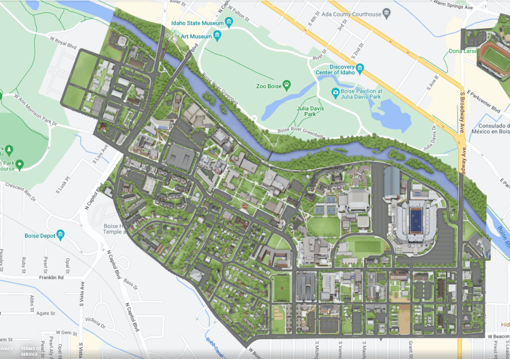 A map of the Boise State campus and Julia Davis Park in Boise, Idaho.