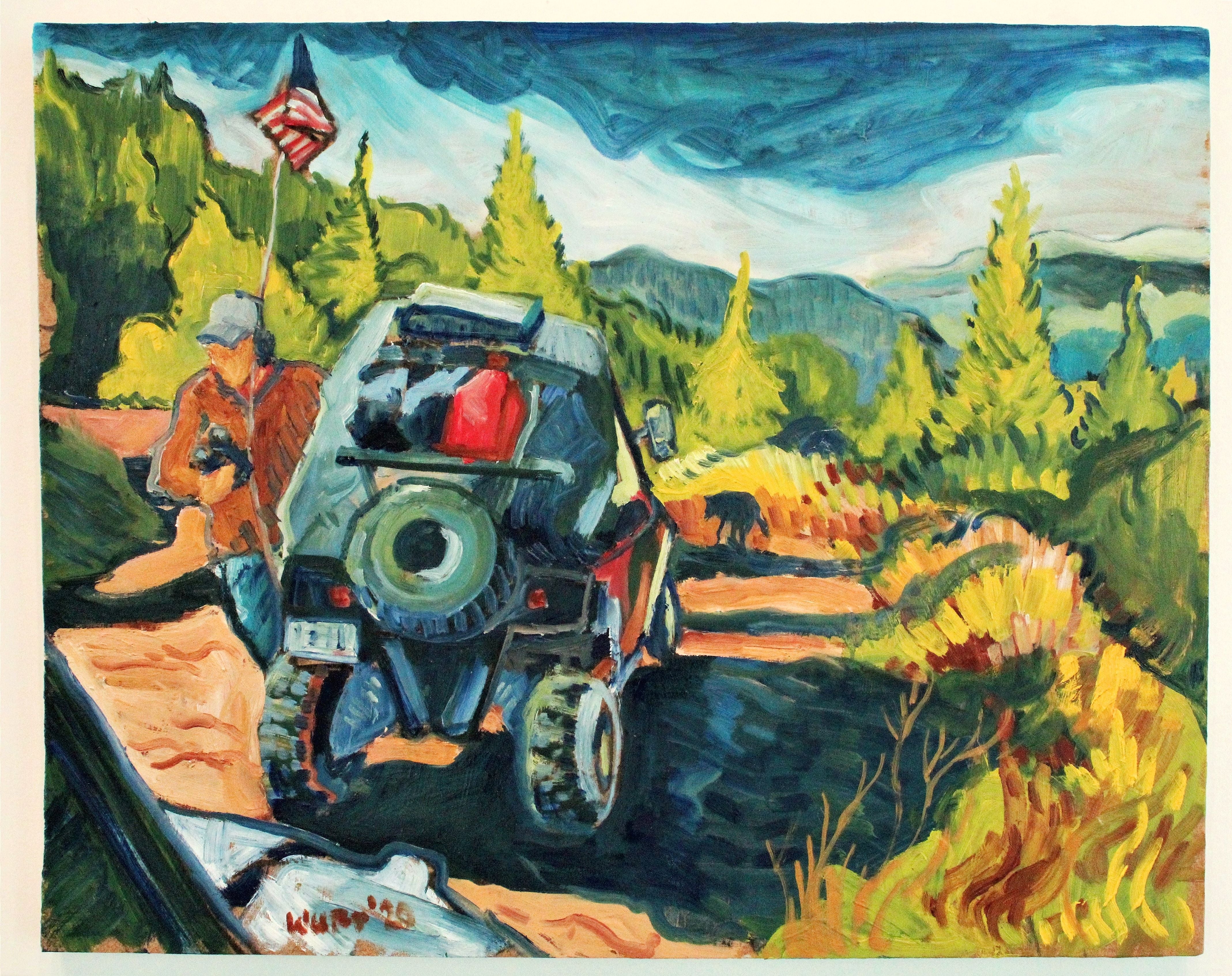 Impressionist-style painting of an adventurer with binoculars, a four-wheeler in a forest.