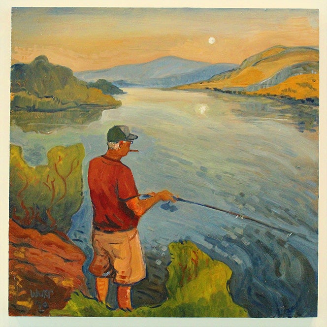 Reservoir Fishin' depicts a ball-capped fisher ready to cast over an impressionist-style lake.