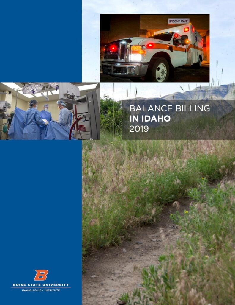 Cover of Balance Billing in Idaho Report. Includes photos of healthcare workers, an ambulance, and hillside.