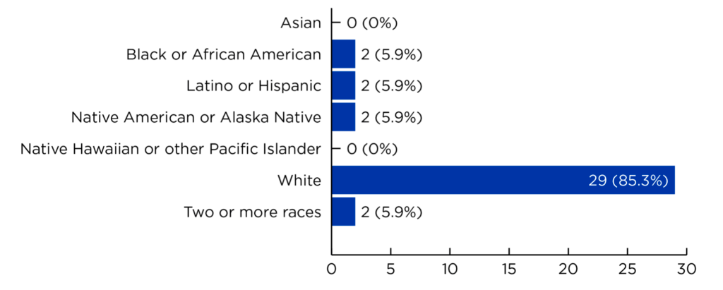 Bar chart of race of focus group participants. Asian - 0 (0%); Black or African American - 2 (5.9%); Latino or Hispanic - 2 (5.9%); Native American or Alaska Native - 2 (5.9%); Native Hawaiian or other Pacific Islander - 0 (0%); White - 29 (85.3%); Two or more races - 2 (5.9%).