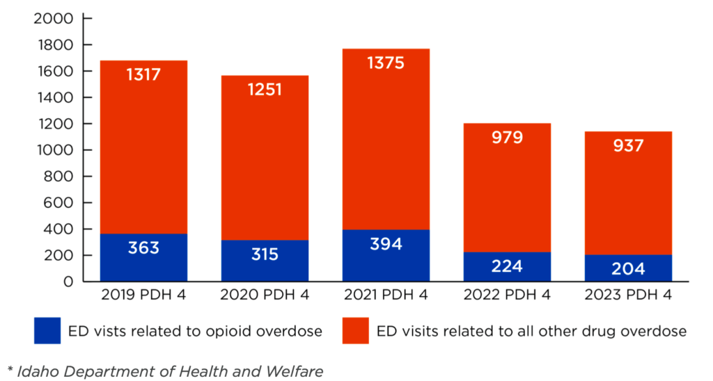 Bar chart of all drug overdose ED visits by type over time. In 2019, there were 363 ED visits related to opioid overdose and 1317 ED visits related to all other drug overdose. In 2020, there were 315 ED visits related to opioid overdose and 1251 ED visits related to all other drug overdose. In 2021, there were 394 ED visits related to opioid overdose and 1375 ED visits related to all other drug overdose. In 2022, there were 224 ED visits related to opioid overdose and 979 ED visits related to all other drug overdose. In 2023, there were 204 ED visits related to opioid overdose and 937 ED visits related to all other drug overdose.