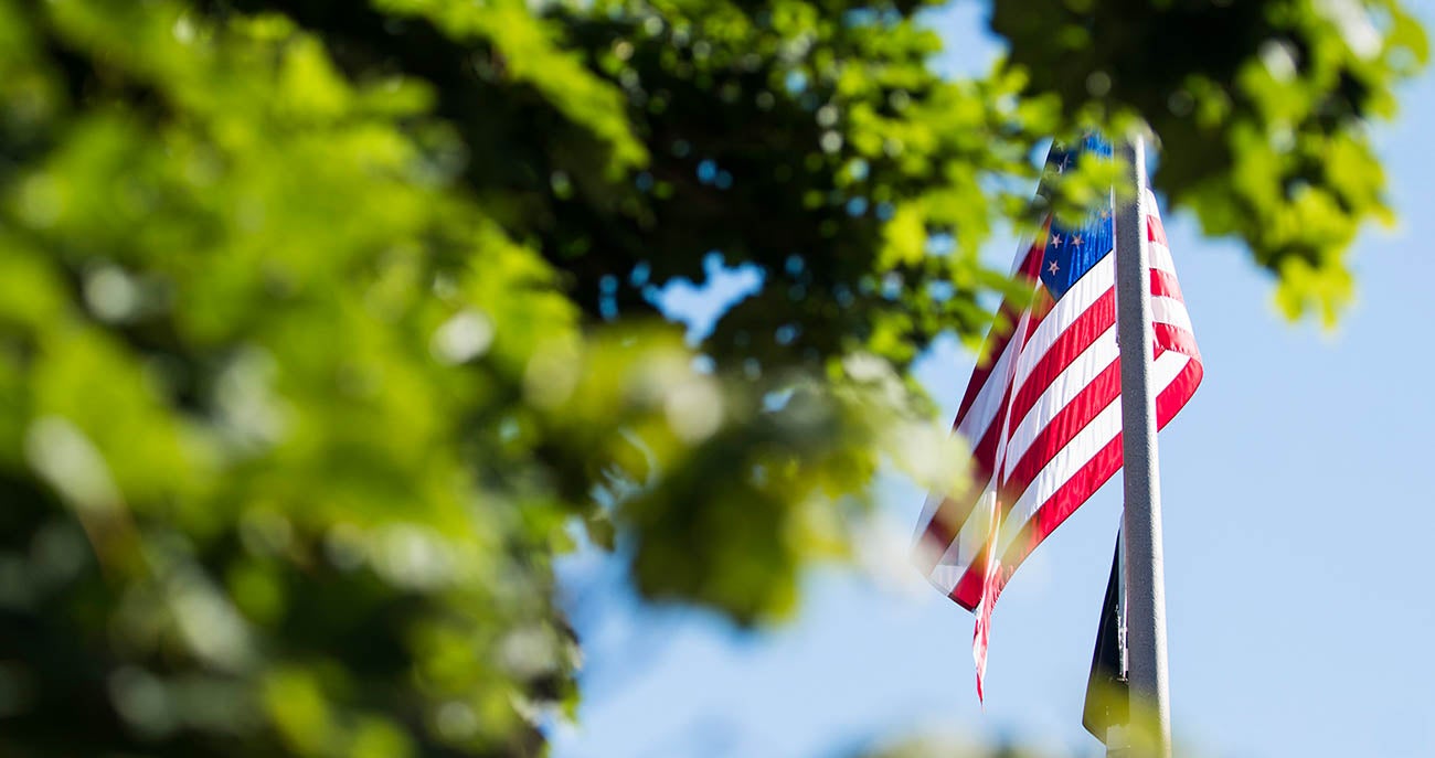 An American flag hoisted on a pole to the right with summer trees to the left in the foreground