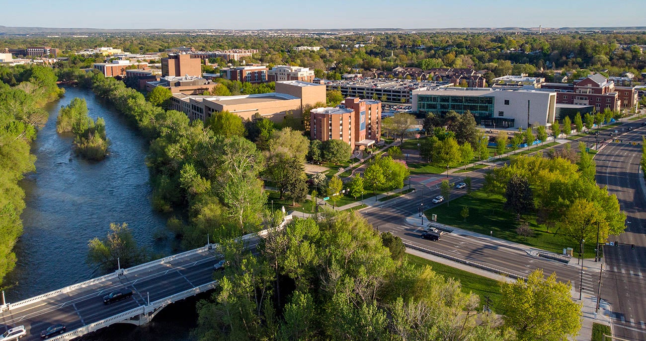 Aerial photo of campus along the Boise River