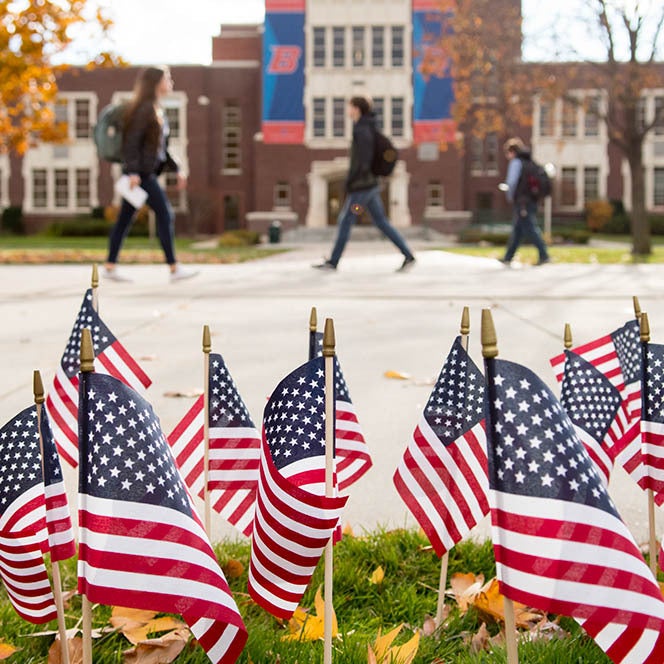 American flags in the Boise State quad
