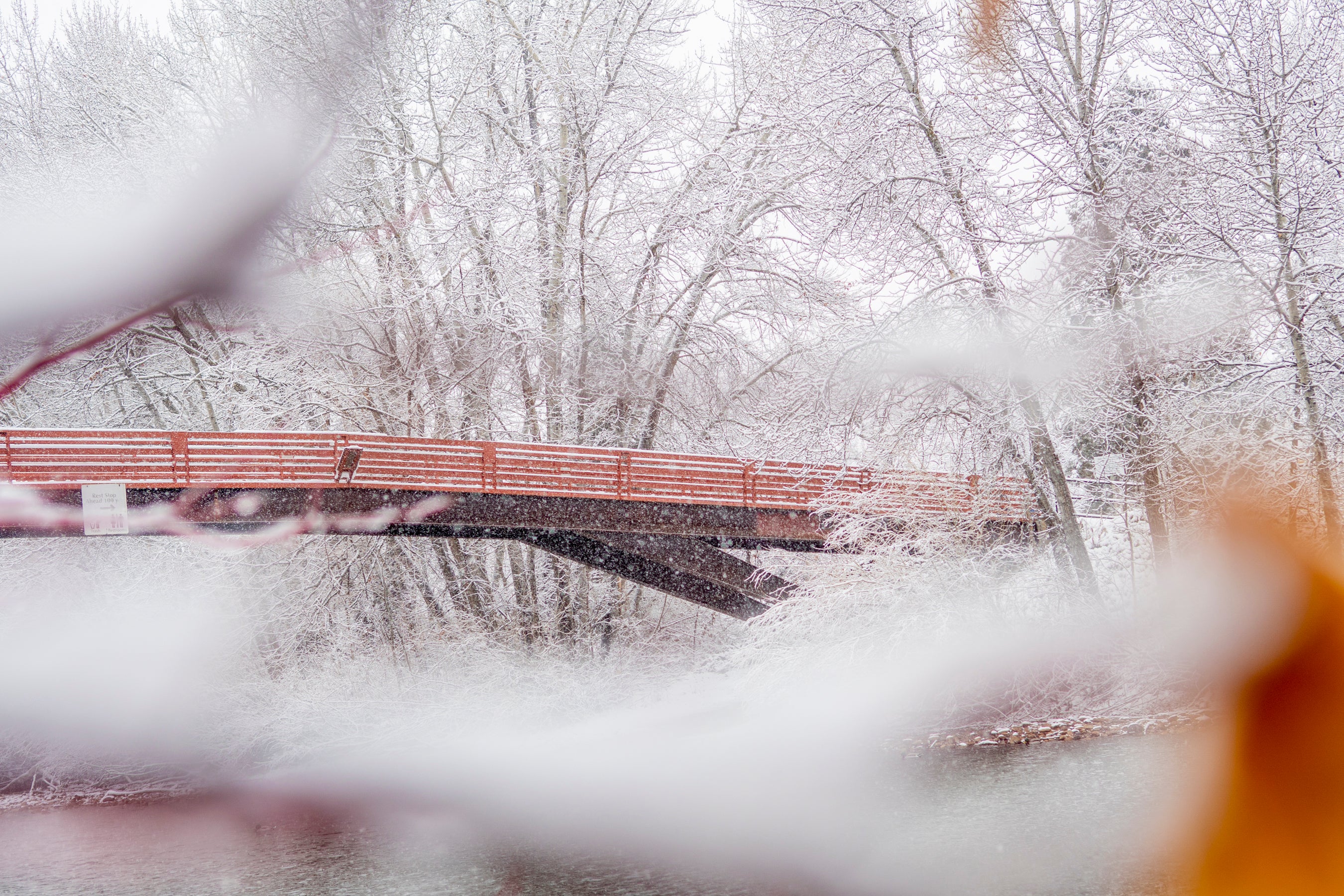 Snow covering Friendship Bridge and the Boise River