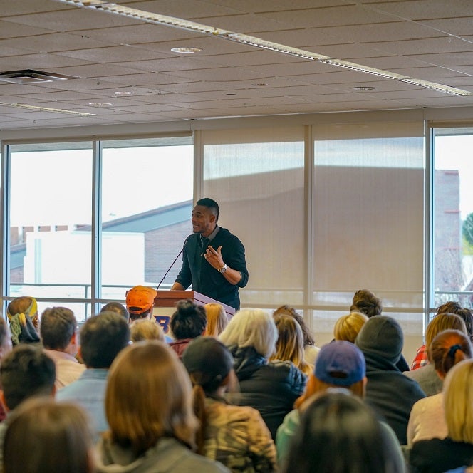 Poet Terrance Hayes reading on Boise State's campus in April 2018.