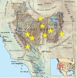 Map of locations in California, Nevada, and Utah