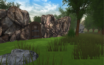 VR scene depicting a grassy field with trees and boulders. A castle type door stands between two stone walls.