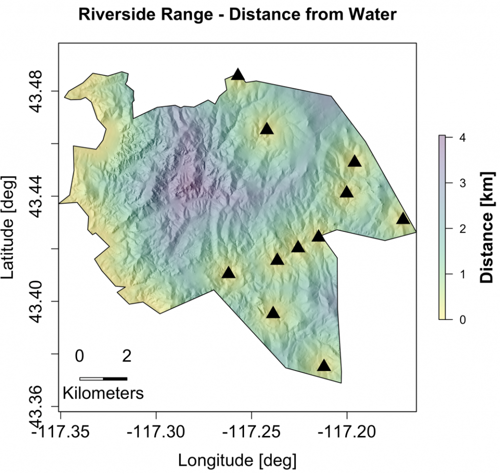 Map and locations, Riverside Range - distance from water