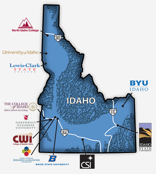 North Idaho College, University of Idaho, Lewis-Clark State College, The College of Idaho, Northwest Nazarene University, College of Western Idaho, Idaho Veterans Research and Education Foundation, Boise State University, College of Southern Idaho, Idaho State University, BYU Idaho