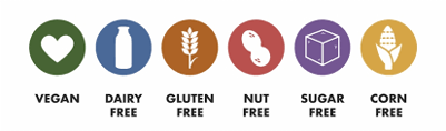 Vegan, dairy free, gluten free, nut free, sugar free, corn free