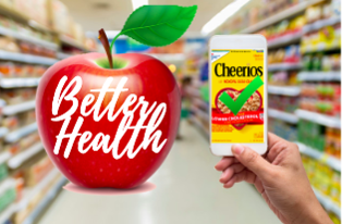 Better health sign next to a box of Cherrios with a green checkmark