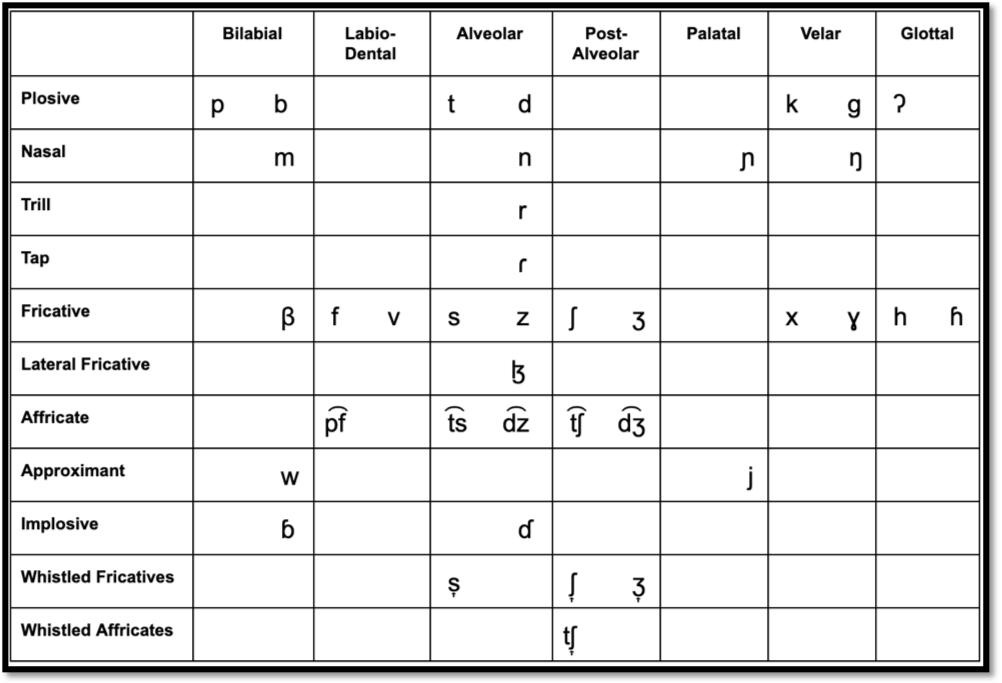 Table of the international phonetic alphabet featuring the consonant sounds of the Shona language. Contact authors for accessible chart. 