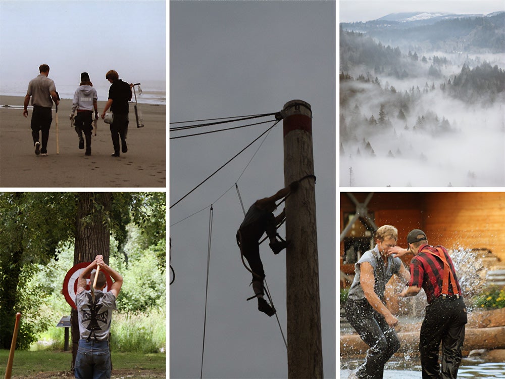 Photo collage - walking on beach, ax throwing, climbing a power pole, misty mountains, log rolling