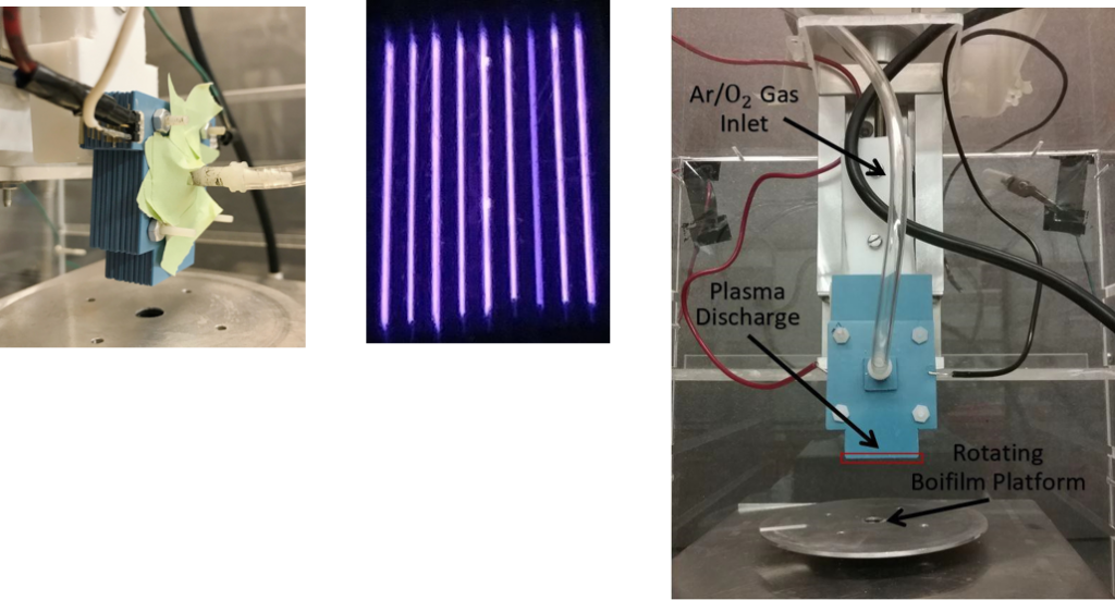 Ar/Ox Gas inlet, Plasma discharge, rotating biofilm platform, photos