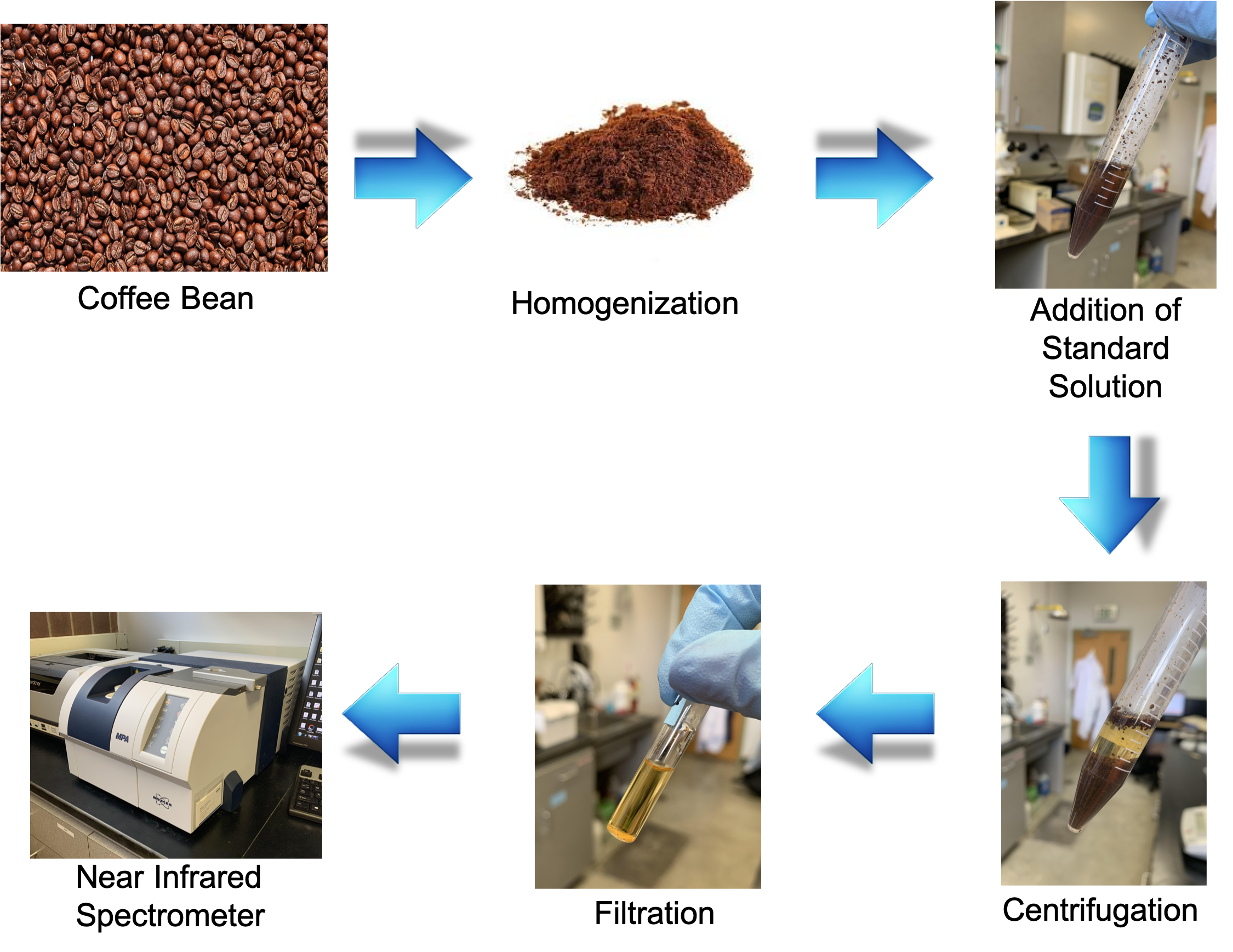 Diagram: Coffee beans, homogenization, addition of standard solution, centrifugation, filtration, near infrared spectrometer