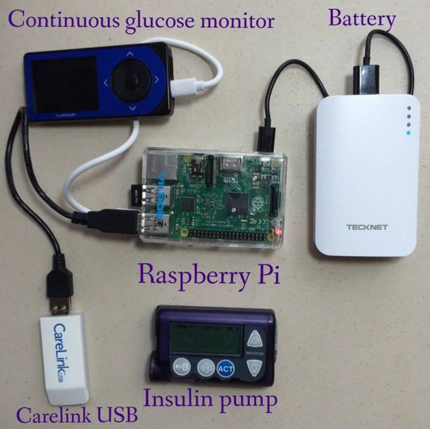 Continuous glucose monitor attached to Raspberry Pi and battery and CareLink USB. Insulin pump