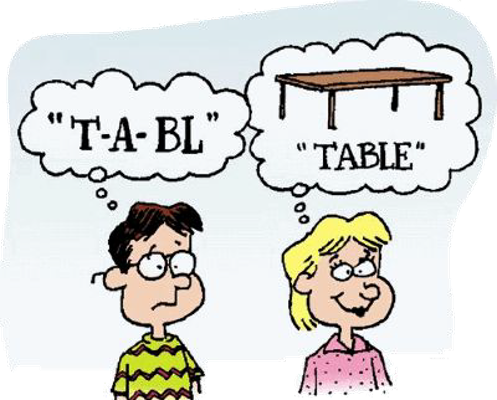 Cartoon, one character looks confused with a thought bubble overhead that says "T-A-BL" another character looks happy with a thought bubble of a picture of a table