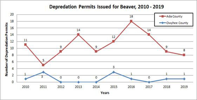 Permits issued in Ada county betwee 2010-2019: 11, 2, 9, 14, 9, 12, 18, 14, 9, 8. Permits issued in Owyhee county between 2010-2019: 1, 3, 0, 0, 0, 3, 1, 0, 1, 1