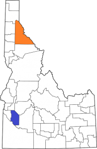 Map of Idaho counties with Shoshone and Ada highlighted