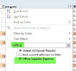 Excel filter list screenshot