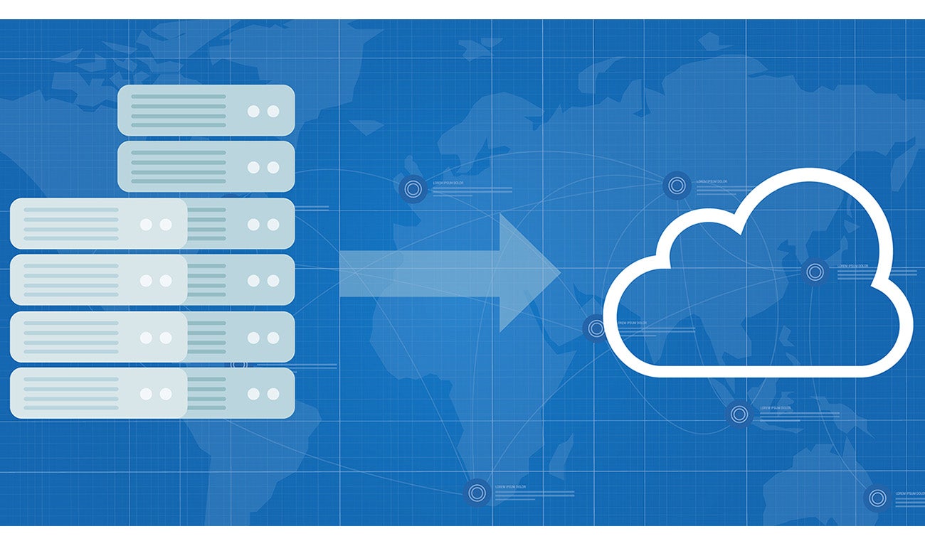 Illustration of server data racks moving to an illustration of a cloud against a backdrop illustration of a two dimensional global map
