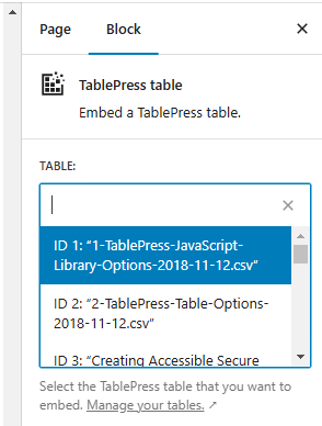 Screenshot of right sidebar that displays when the TablePress block is selected. Click into the field to see list of Tables.