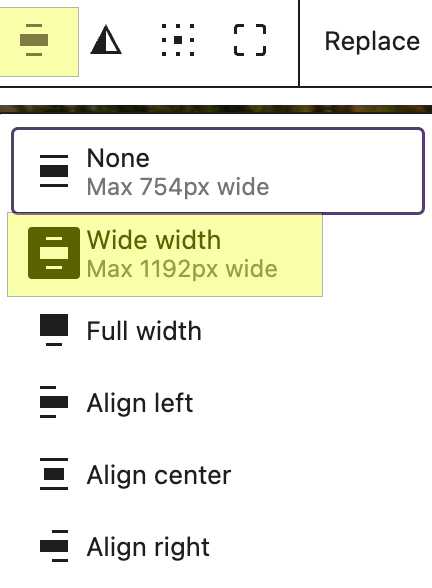 screenshot of wide width option under Align button on block toolbar.