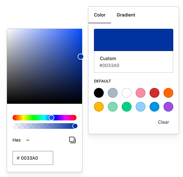 Screenshot of color options in Cover block text settings.