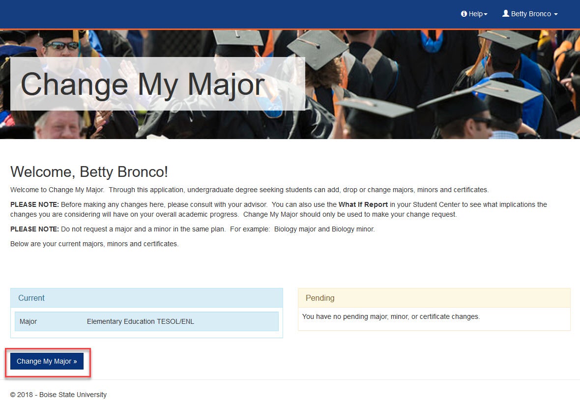 screenshot of change major page