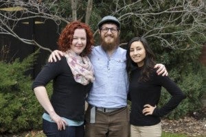 Christopher Bower (center) and Adiya Jaffari (right) with fellow Boise State Fulbright scholar, Kathryn Huebschmann
