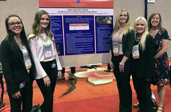 Gallegos and her students with research poster on Disaster Training for Nurses