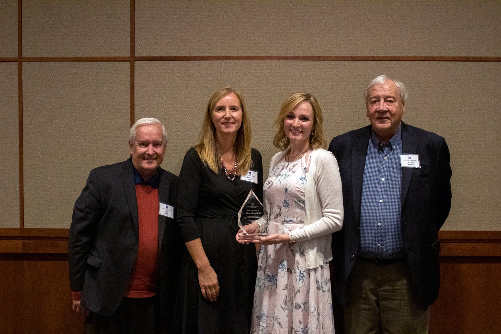 From left to right, Joe Coyle, interim department chair for Respiratory Care, Lutana Haan, assistant dean for the College of Health Sciences, Shandi Asher, Dr. Merrick, and Ryan Forbush, clinical instructor. 