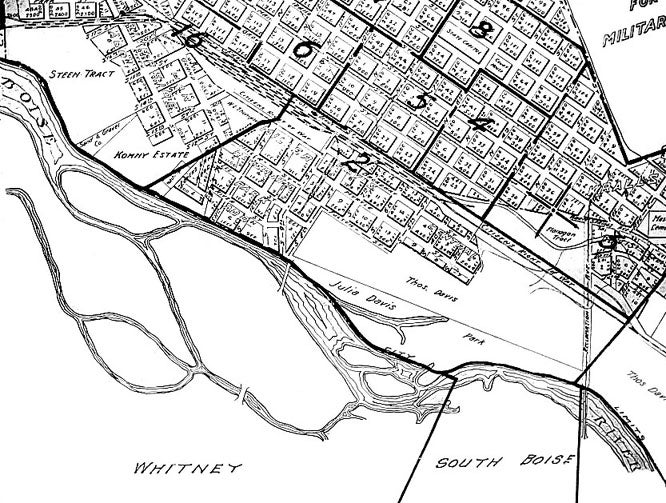 Title: Detail from "Map of Boise City Showing House Numbers, Street Railways, Additions and Precincts." Date Drawn: 1912 Cartographer: F. W. Almond Publisher: Unknown Collection: Idaho State Historical Society