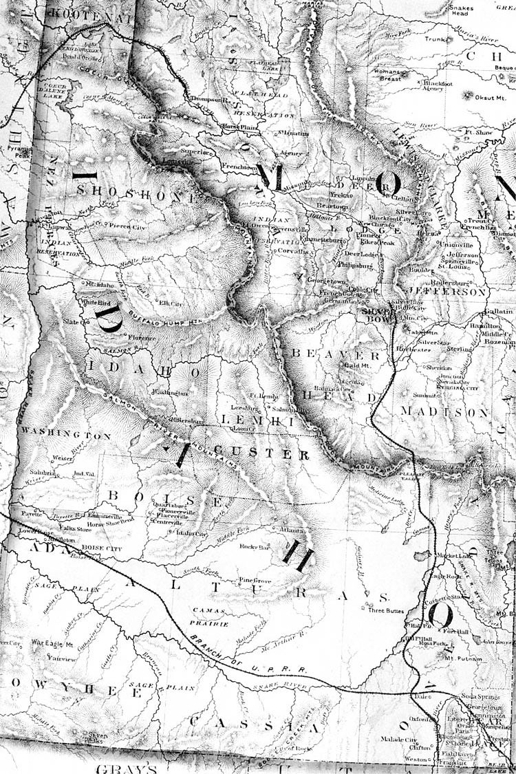 Title: Detail from "Gray's Idaho, Montana, and Wyoming" Date Drawn: 1882 Cartographer: Frank A. Gray Publisher: Unknown Collection: "An Atlas of Idaho Territory 1863-1890" - Merle W. Wells