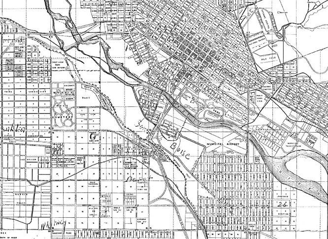Title: Detail from "Map of Boise City and Vicinity Showing Additions and Subdivisions, 1938." Date Drawn: 1938 Cartographer: Unknown Publisher: Idaho Blueprint and Supply Company Collection: Boise State University Albertsons Library