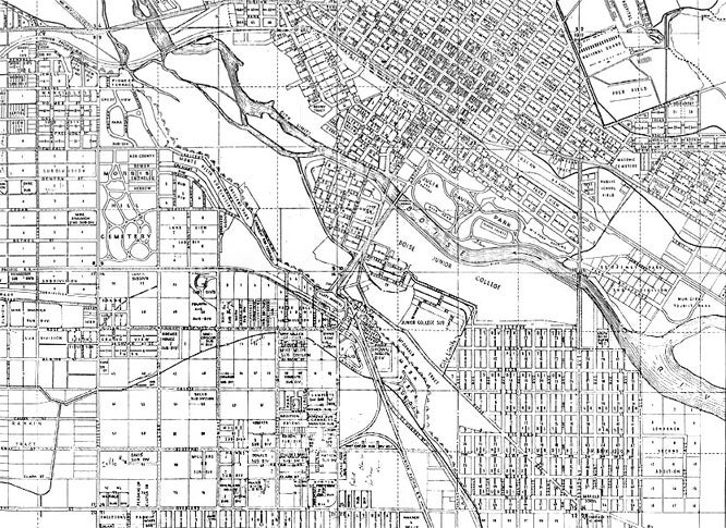 Title: Detail from "Map of Boise City and Vicinity Showing Additions and Subdivisions, 1945." Date Drawn: 1945 Cartographer: Unknown Publisher: Idaho Blueprint and Supply Company Collection: Boise State University Albertsons Library