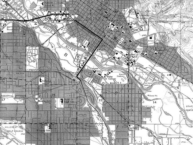 Title: Detail from "Boise City Map, 1956." Date Drawn: 1956 Cartographer: Unknown Publisher: U. S. Forest Service Collection: Boise State University Albertsons Library