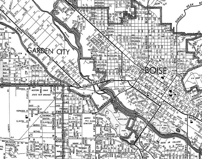 Title: Detail from "Boise City Map, 1964." Date Drawn: 1964 Cartographer: Unknown Publisher: Boise City Chamber of Commerce Collection: Boise State University Albertsons Library