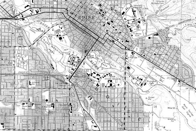 Title: Detail from "Boise City Map, 1976." Date Drawn: 1976 Cartographer: Unknown Publisher: U. S. Forest Service Collection: Boise State University Albertsons Library