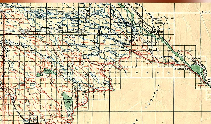 Title: Detail of “Boise Project Idaho” Date Drawn: 1920 Cartographer: John C. Mulford Publisher: Department of the Interior, United States Reclamation Service Collection: Boise State University Collection 