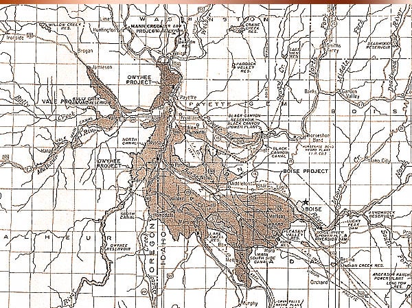 Title: Detail of "Boise, Owyhee, and Vale Projects" Date Drawn: 1966 Cartographer: Unknown Publisher: Department of the Interior, United States Bureau of Reclamation Collection: Boise State University Collection 