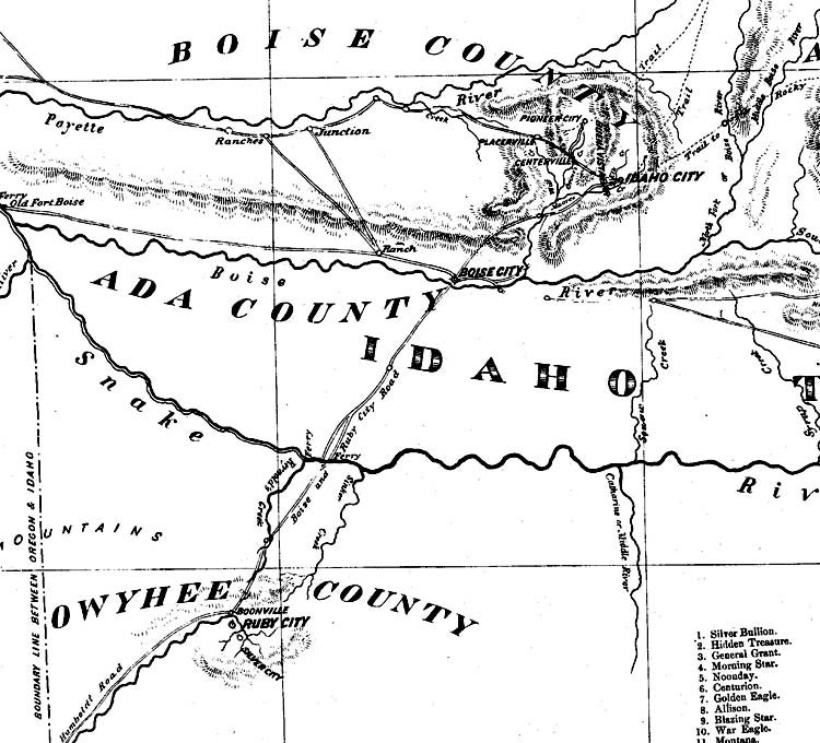 Title: "Maps of Boise Basin and Part of Ada, Alturas, and Owyhee Counties I.T." Date Drawn: 1865 Cartographer: George Owens Publisher: Britton & Co. LITH: S.F. Collection: "An Atlas of Idaho Territory 1863-1890" - Merle W. Wells