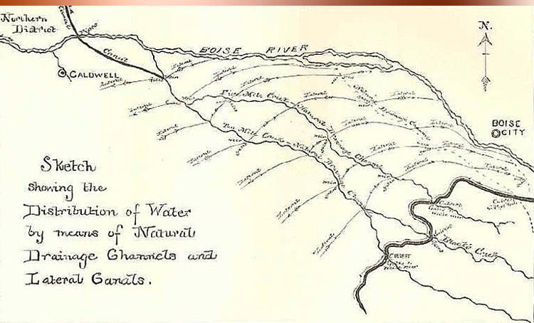 Title: "Sketch showing the Distribution of Water by means of Natural Drainage Channels and Lateral Canals" Date Drawn: 1887 Cartographer: Unknown Publisher: A.D. Foote Collection: Contained within the "Report on the Irrigating and Reclaiming of Certain Desert Lands in Idaho and other Projects Connected Therewith" - A. D. Foote