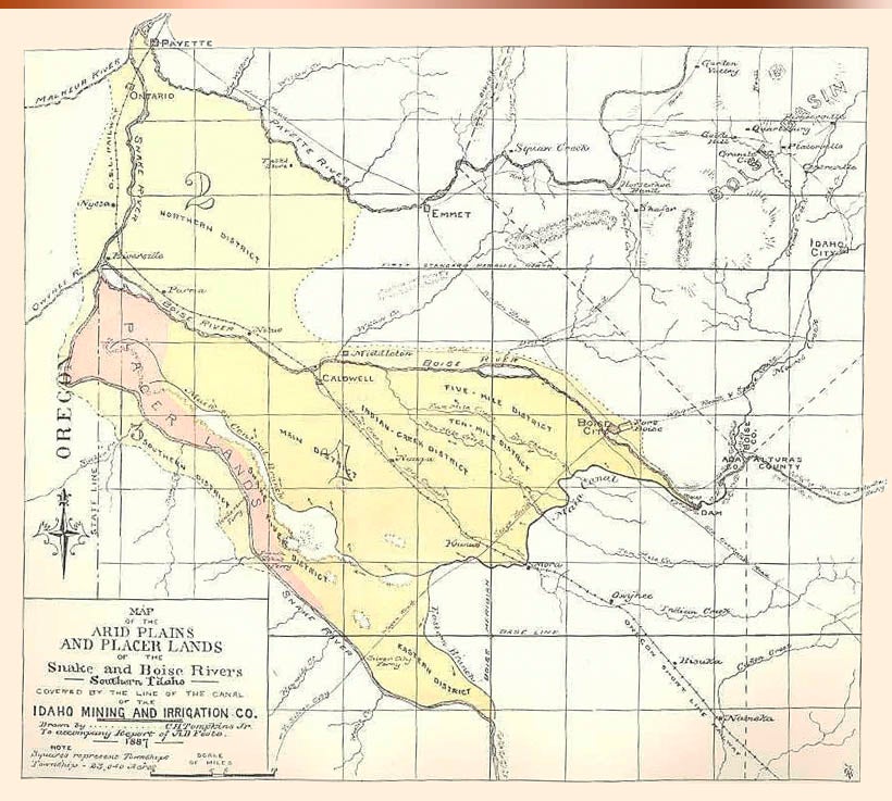 Title: "Map of Arid Plains and Placer Lands of the Snake and Boise Rivers" Date Drawn: 1887 Cartographer: C. H. Tompkins Jr. Publisher: A. D. Foote Collection: Contained within the "Report on the Irrigating and Reclaiming of Certain Desert Lands in Idaho and other Projects Connected Therewith" – A. D. Foote
