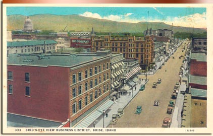 The Idanha Hotel dominates this bird's eye view of Boise, about 1935. City of Boise.