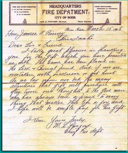 Letter from the newly professionalized fire department notes Pinney's generosity. Pinney Family.