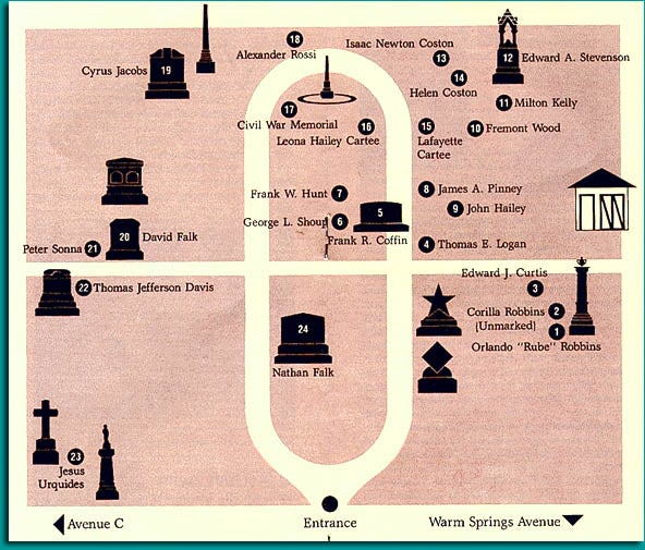 A map of Pioneer Cemetery on Warm Springs Ave marking Mayor Pinney’s burial spot. “Pioneer Cemetery: A Self-Guided Tour,” Idaho State Historical Society.