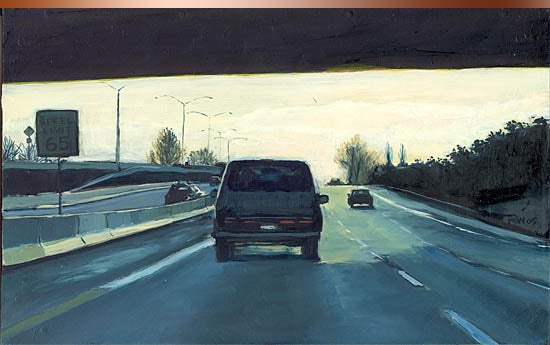 In deciding what to paint in this series, I looked for contrasts. Here I’m drawn to the contrast between the heavy dark overpass and the spacious light sky beyond it.